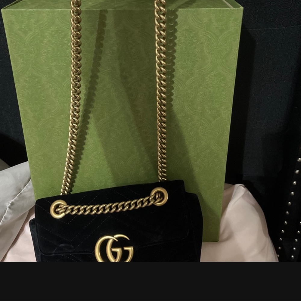 Gucci bag with gold chain, velvet material.